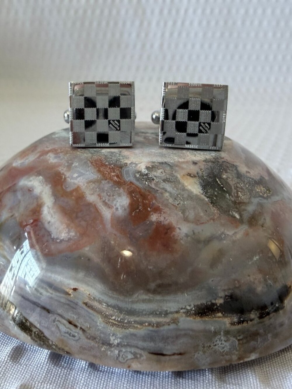 Silver-Tone Checkered Square Cuff Links
